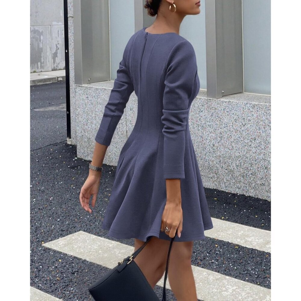 Women Grey Blue High Waist Pleated Flowy A Line Long Sleeve Casual Fall Dress - Picture 3 of 5